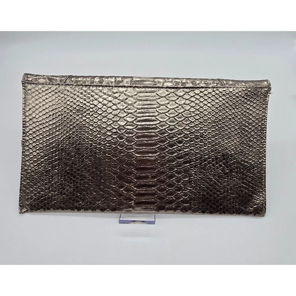 MMS Metallic Snakeskin Embossed Clutch Evening Bag Gunmetal Chain Strap